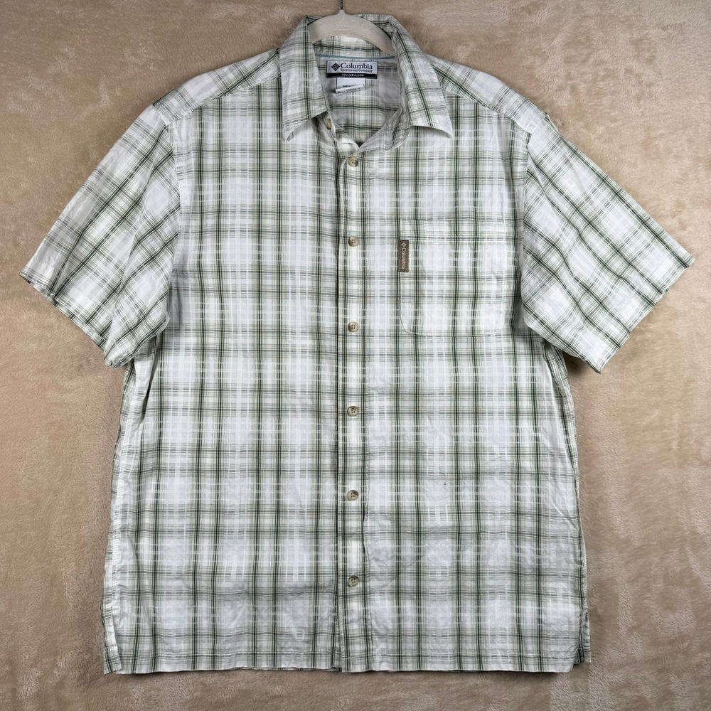 Columbia Mens Plaid Short Sleeve‎ Button Down Shirt M Green White Outdoor Hiking